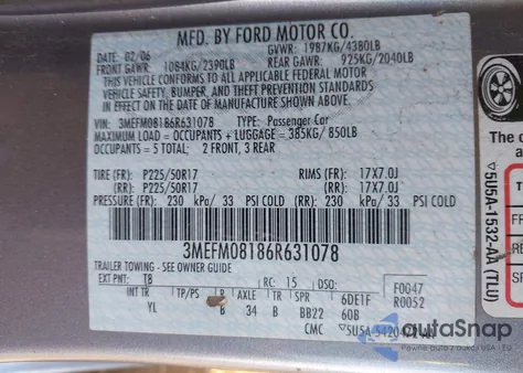 2006 Mercury Milan V6 Premier from USA, damaged, VIN 3MEFM08186R631078